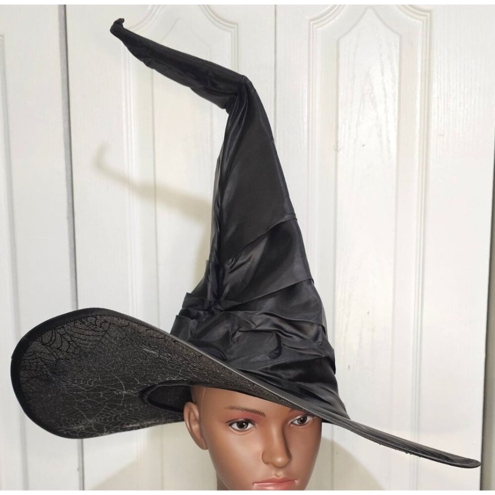 Crooked Witch Hat Black Costume Spiderweb Halloween Ruched Hanging Decor Women's